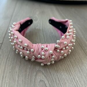 Lele Sadoughi pink woven pearl headband, makeup marks